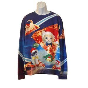 Ugly Christmas Sweater Cats Pizza Space Print Long‎ Sleeve Shirt 2XL